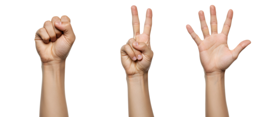 A set of hands making the gestures for rock, paper, and scissors. Isolated on transparent background, png
