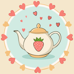 Cute teapot with a strawberry design, surrounded by pink and red hearts. Sweet romantic illustration, perfect for tea lovers, Valentine’s Day, and cozy decor