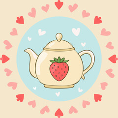 Cute teapot with a strawberry design, surrounded by pink and red hearts. Sweet romantic illustration, perfect for tea lovers, Valentine’s Day, and cozy decor