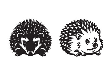 Two stylized illustrations of hedgehogs in black and white