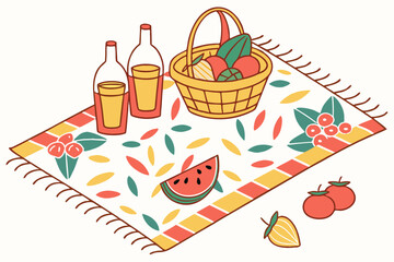 Picnic blanket with fruit basket drinks and watermelon slice