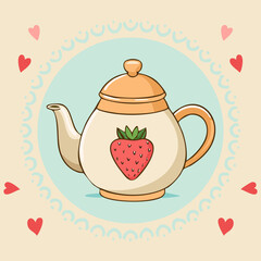 Cute teapot with a strawberry design, surrounded by pink and red hearts. Sweet romantic illustration, perfect for tea lovers, Valentine’s Day, and cozy decor