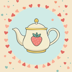 Cute teapot with a strawberry design, surrounded by pink and red hearts. Sweet romantic illustration, perfect for tea lovers, Valentine’s Day, and cozy decor