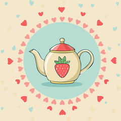 Cute teapot with a strawberry design, surrounded by pink and red hearts. Sweet romantic illustration, perfect for tea lovers, Valentine’s Day, and cozy decor