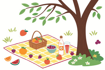 Picnic blanket with fruits drinks and tree on white
