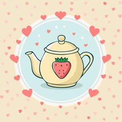 Cute teapot with a strawberry design, surrounded by pink and red hearts. Sweet romantic illustration, perfect for tea lovers, Valentine’s Day, and cozy decor