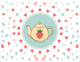 Cute teapot with a strawberry design, surrounded by pink and red hearts. Sweet romantic illustration, perfect for tea lovers, Valentine’s Day, and cozy decor