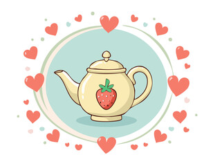Cute teapot with a strawberry design, surrounded by pink and red hearts. Sweet romantic illustration, perfect for tea lovers, Valentine’s Day, and cozy decor