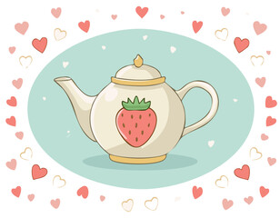 Cute teapot with a strawberry design, surrounded by pink and red hearts. Sweet romantic illustration, perfect for tea lovers, Valentine’s Day, and cozy decor