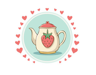 Cute teapot with a strawberry design, surrounded by pink and red hearts. Sweet romantic illustration, perfect for tea lovers, Valentine’s Day, and cozy decor