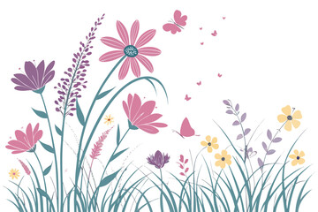 Pink and yellow wildflowers with butterflies on white background