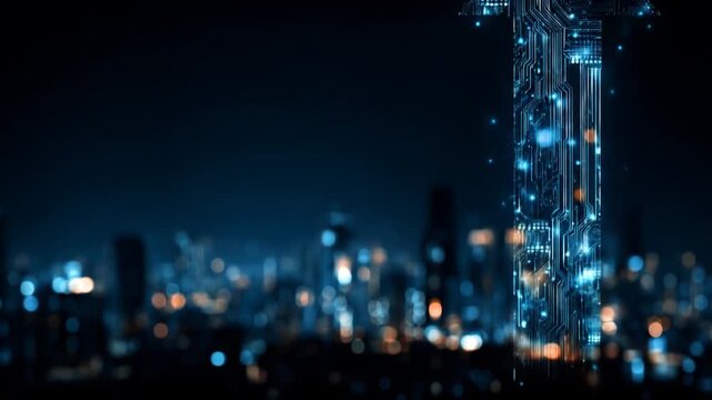 Digital arrow pointing up over cityscape illustrating technology and growth