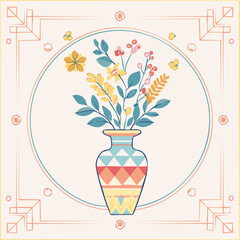 Beautiful hand-drawn vase with flowers in pastel colors, surrounded by decorative hearts and blossoms. Elegant floral illustration perfect for decor, cards, and prints