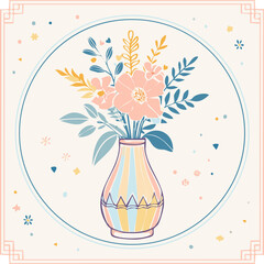 Beautiful hand-drawn vase with flowers in pastel colors, surrounded by decorative hearts and blossoms. Elegant floral illustration perfect for decor, cards, and prints