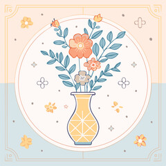 Beautiful hand-drawn vase with flowers in pastel colors, surrounded by decorative hearts and blossoms. Elegant floral illustration perfect for decor, cards, and prints