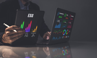Analyst reviewing a corporate ESG dashboard with Environmental, Social, and Governance data