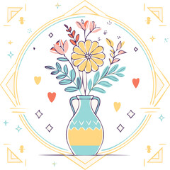 Beautiful hand-drawn vase with flowers in pastel colors, surrounded by decorative hearts and blossoms. Elegant floral illustration perfect for decor, cards, and prints