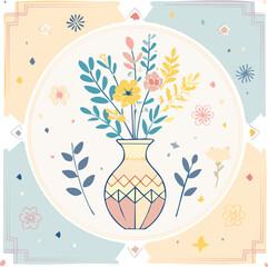 Beautiful hand-drawn vase with flowers in pastel colors, surrounded by decorative hearts and blossoms. Elegant floral illustration perfect for decor, cards, and prints