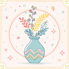 Beautiful hand-drawn vase with flowers in pastel colors, surrounded by decorative hearts and blossoms. Elegant floral illustration perfect for decor, cards, and prints