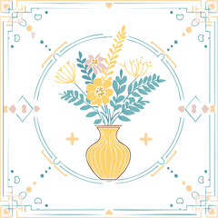 Beautiful hand-drawn vase with flowers in pastel colors, surrounded by decorative hearts and blossoms. Elegant floral illustration perfect for decor, cards, and prints