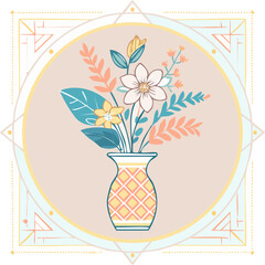 Beautiful hand-drawn vase with flowers in pastel colors, surrounded by decorative hearts and blossoms. Elegant floral illustration perfect for decor, cards, and prints