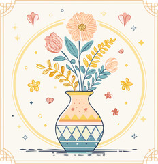 Beautiful hand-drawn vase with flowers in pastel colors, surrounded by decorative hearts and blossoms. Elegant floral illustration perfect for decor, cards, and prints