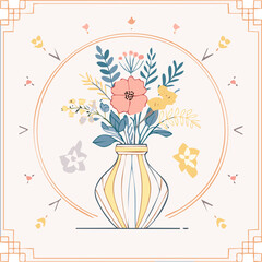 Beautiful hand-drawn vase with flowers in pastel colors, surrounded by decorative hearts and blossoms. Elegant floral illustration perfect for decor, cards, and prints