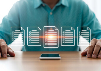 Businessman reviewing digital documents on a smartphone with holographic interface