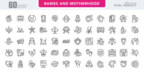 Babies and Motherhood Linear icon set. Care, child care, baby, pregnancy, family, fertility, hormone therapy, medical examination, cradle line icon pack. Editable stroke
