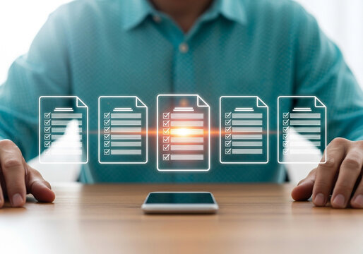 Businessman reviewing digital documents on a smartphone with holographic interface