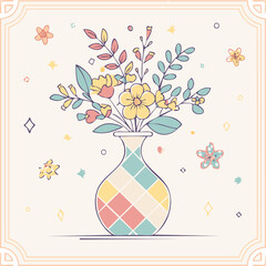 Beautiful hand-drawn vase with flowers in pastel colors, surrounded by decorative hearts and blossoms. Elegant floral illustration perfect for decor, cards, and prints