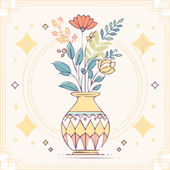 Beautiful hand-drawn vase with flowers in pastel colors, surrounded by decorative hearts and blossoms. Elegant floral illustration perfect for decor, cards, and prints