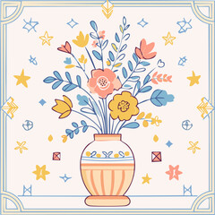 Beautiful hand-drawn vase with flowers in pastel colors, surrounded by decorative hearts and blossoms. Elegant floral illustration perfect for decor, cards, and prints