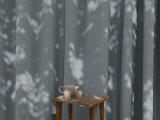 Rustic tea set with teapot and cups on wooden table against curtain background, natural sunlight shadow interior mockup 3d rendering