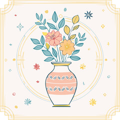 Beautiful hand-drawn vase with flowers in pastel colors, surrounded by decorative hearts and blossoms. Elegant floral illustration perfect for decor, cards, and prints
