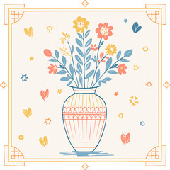 Beautiful hand-drawn vase with flowers in pastel colors, surrounded by decorative hearts and blossoms. Elegant floral illustration perfect for decor, cards, and prints