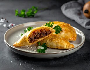 Elegant Argentine empanadas plated simply with neutral tones and subtle garnish, ideal for restaurant menus, high end food branding, and upscale culinary promotions.