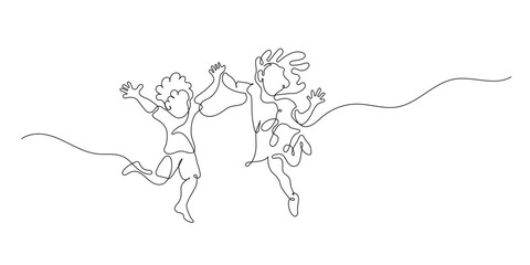 Continuous single line drawing Happy jumping children holding hands