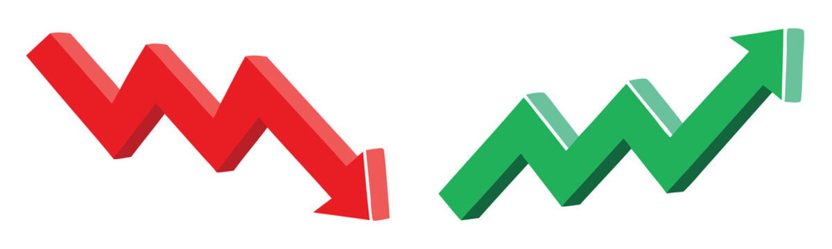 Green up and red down 3d arrow graph showing rising and descending trend, boosting of business result, decrease and growing investment profit symbol 
