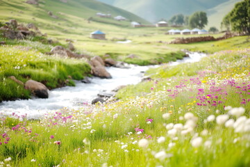 Beautiful landscape of a mountain river and meadow flowers. Advertising for pure mountain spring water.