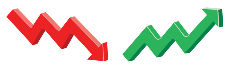 Green up and red down 3d arrow graph showing rising and descending trend, boosting of business result, decrease and growing investment profit symbol 