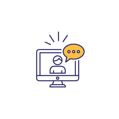 Vector art of online communication icon, featuring a computer screen with a person and speech bubble for virtual interaction
