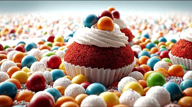 Delicious cupcakes with colorful candy on a textured background