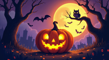 Fototapeta premium Spooky glowing jack o lantern on fun halloween night with bat and owl under full moon in dark mysterious forest