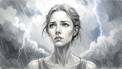 Woman in distress, stormy weather