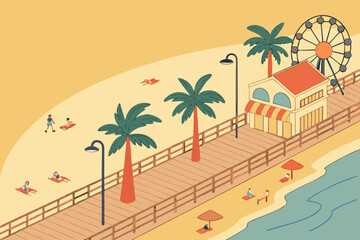Obraz premium Ocean City Beach in Maryland, bustling sandy shoreline with wooden boardwalk and ferris wheel