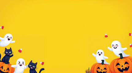 Naklejka premium Cute fun halloween ghost and black cat with pumpkin on cheerful yellow background for spooky happy holiday party