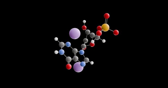 Disodium inosinate molecule, rotating 3D model of e631, looped video on a black background
