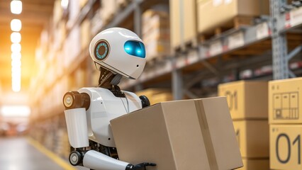 Portrait of an Advanced Humanoid Robot Carrying a Cardboard Delivery Box Across an Industrial Warehouse Floor. Future of Automated Logistics, Storage and Shipping Concept.