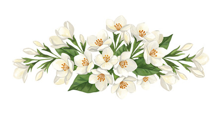 Obraz premium White Jasmine Flowers Bouquet with Green Leaves on Transparent Background